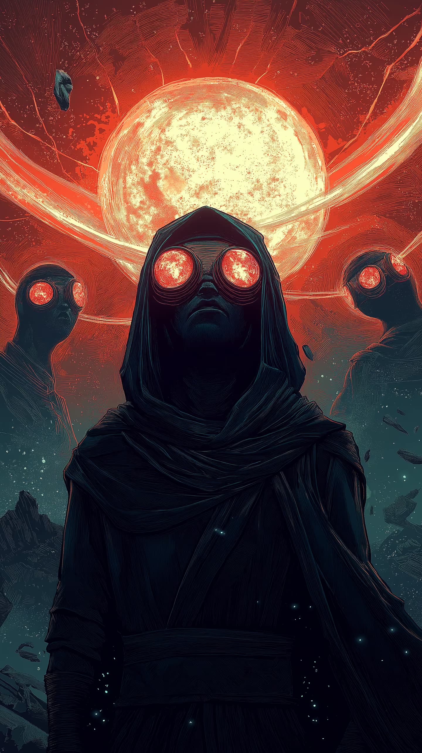 Illustration of a hooded figure in glowing red goggles standing beneath a blazing sun, with two goggled figures behind them.